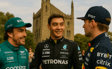 Image gerated with IA, where appear Fernando Alonso, Max Verstappen and George Russel talking near to Torres Bellesguard Gaudí.