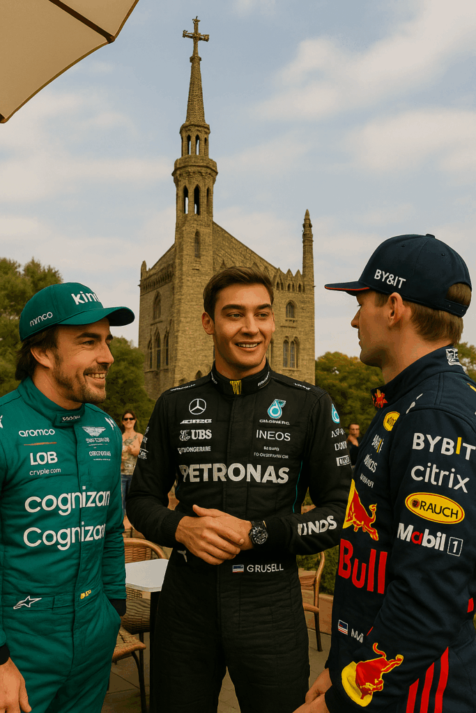 Barcelona F1 Keys for every pilot (2025) 2 Image gerated with IA, where appear Fernando Alonso, Max Verstappen and George Russel talking near to Torres Bellesguard Gaudí.