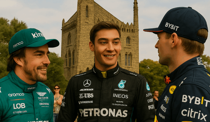Image gerated with IA, where appear Fernando Alonso, Max Verstappen and George Russel talking near to Torres Bellesguard Gaudí.