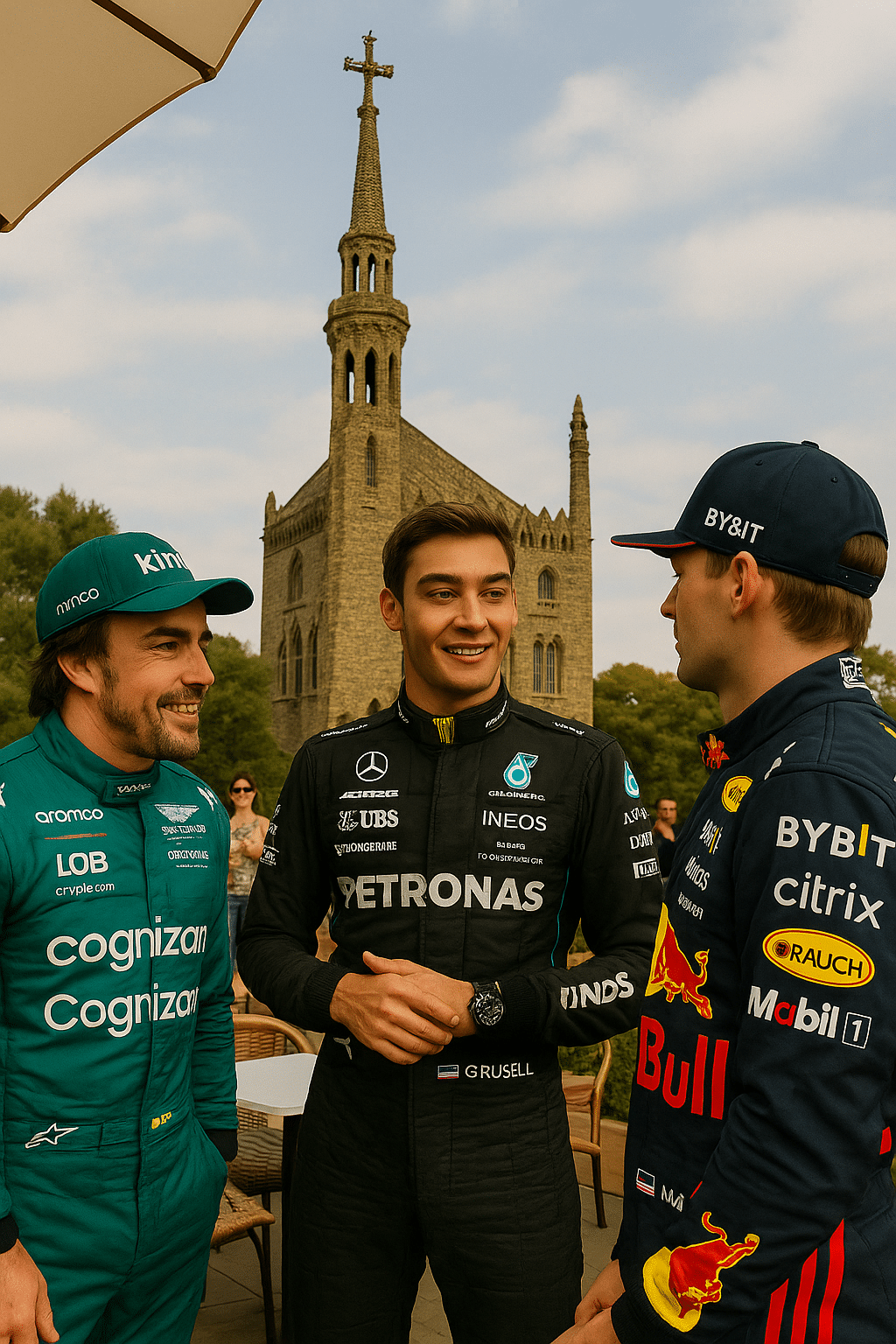 Image gerated with IA, where appear Fernando Alonso, Max Verstappen and George Russel talking near to Torres Bellesguard Gaudí.